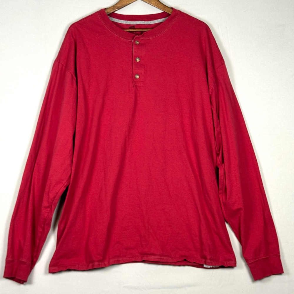 Hanes Beefy Henley Shirt Mens 2XL Red Excellent Y2K Long Sleeve Cotton